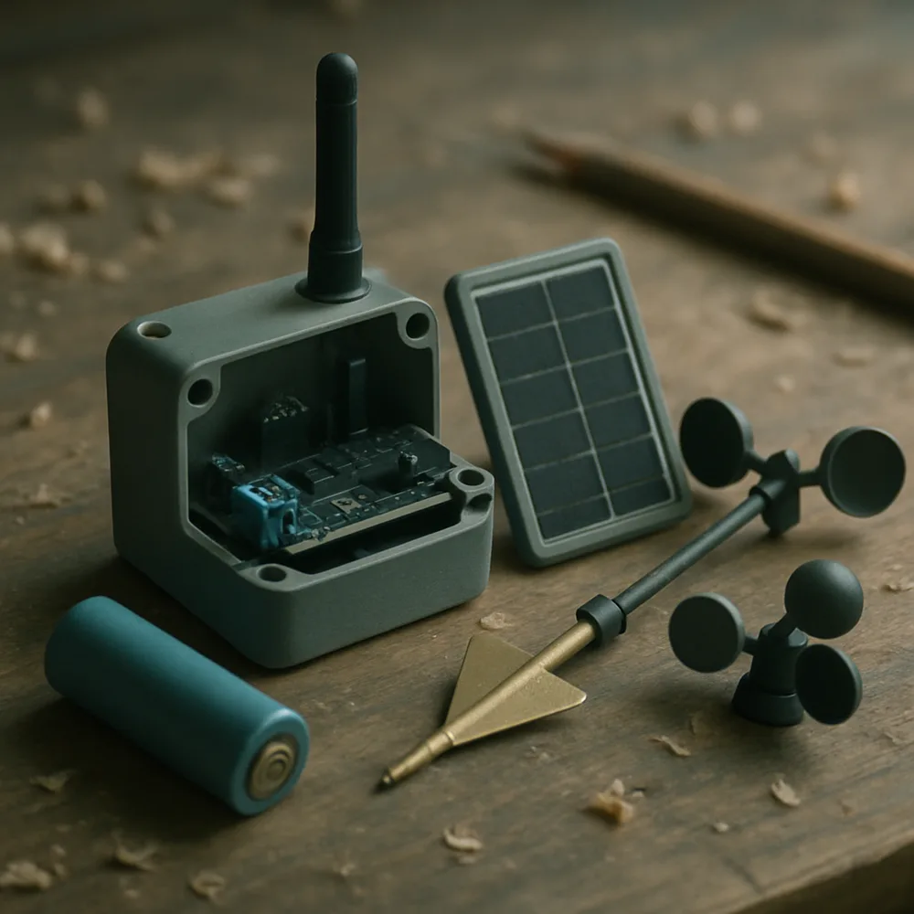 A hand-built forsyth leaf on a workbench: small grey enclosure, solar panel, brass wind vane and anemometer cups, battery cell.